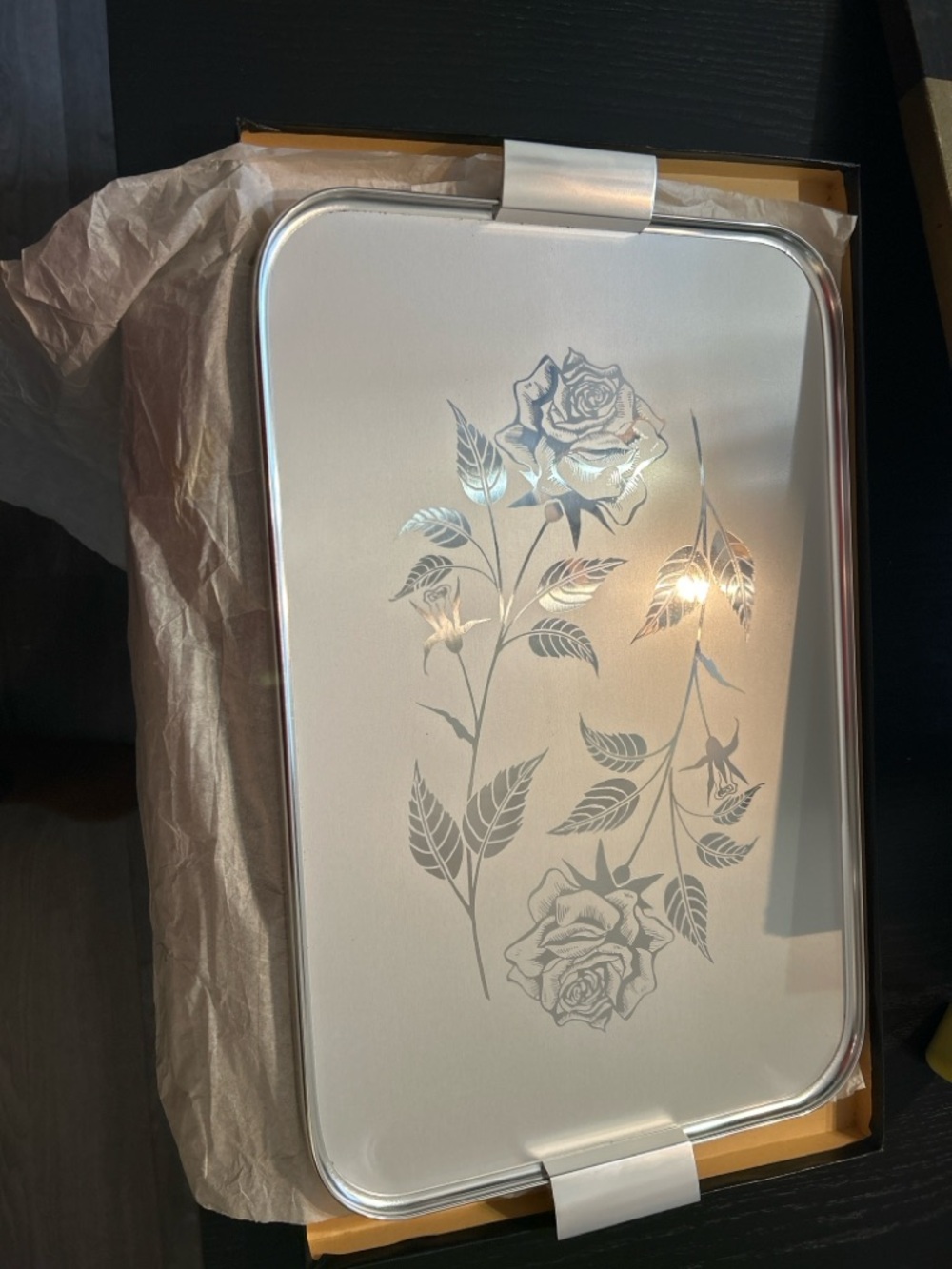 Vintage Silhouette Serving Tray with Original Box – Silver Rose Design